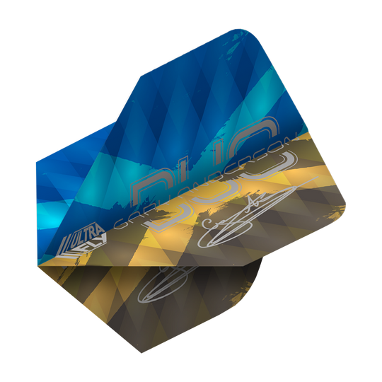 Unicorn Ultrafly 100 Gary Anderson Duo Plus Flights Das Bild zeigt ein Dartflight mit einem modernen Rautenmuster in Blau-, Gelb- und Brauntönen. Auf dem Flight stehen die Wörter "Gary Anderson Duo Plus" sowie eine Unterschrift.