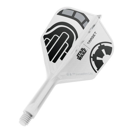 Ein Dart-Flight aus der Star Wars KFlex Stormtrooper No6 Serie wird gezeigt. Dieser Flight ist kurz und misst 19 mm.