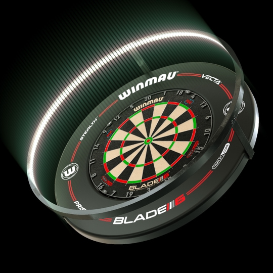 ZESTAW Oświetlenie LED i otoczenie Winmau Plasma Das Bild zeigt das Winmau Plasma LED Beleuchtung und Surround Bundle mit einer beleuchteten Dartscheibe. Die LED-Leiste sorgt für optimale Ausleuchtung und ein modernes Design.