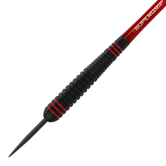 HA13746-Harrows-ACE-Rubber-Grip-Steeldarts-2 Das Bild zeigt einen Harrows ACE Rubber Grip Steeldart mit schwarzem, gerilltem Griff und roten Akzenten. Die Spitze ist aus Metall und der Schaft trägt die Aufschrift "Supergrip".