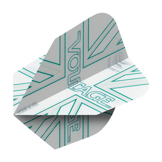 TG271_332850_Target_VisionUltra_Rob_Cross_Voltage_No6_Flights_2 Das Bild zeigt einen Target VisionUltra Rob Cross Voltage No6 Dartflug. Der Flug ist in den Farben Weiß und Grau gestaltet und trägt das Wort „VOLTAGE“ mit türkisfarbenen Linien.