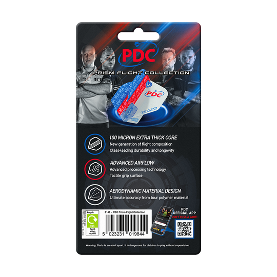 Kolekcja Winmau PDC Prism Flight Das Bild zeigt die Verpackung der "Winmau PDC Prism Flight Collection" für Dartflights. Auf der Verpackung sind Produktmerkmale und Bilder von Dartspielern abgebildet.