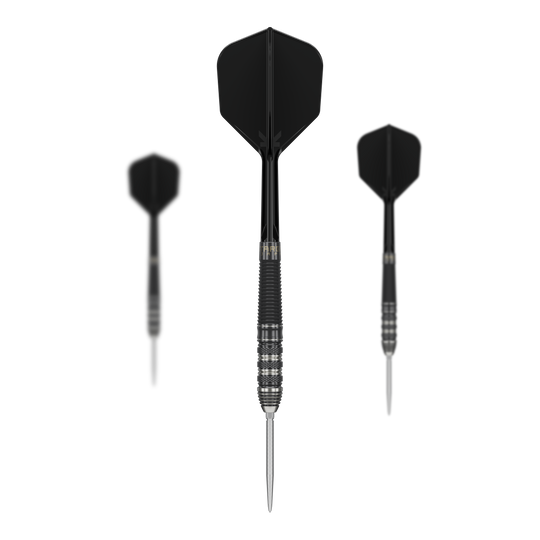 Target Japan Black Marque Armageddon GEN2 Swiss Point Steeldarts Das Bild zeigt drei schwarze Steeldarts des Modells „Target Japan Black Marque Armageddon GEN2 Swiss Point“. Die Darts haben einen geriffelten Metallkörper und schwarze Flights.