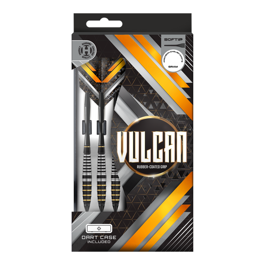 Zu sehen sind die Harrows Vulcan Softdarts. Diese Softdarts zeichnen sich durch ihr modernes Design aus.