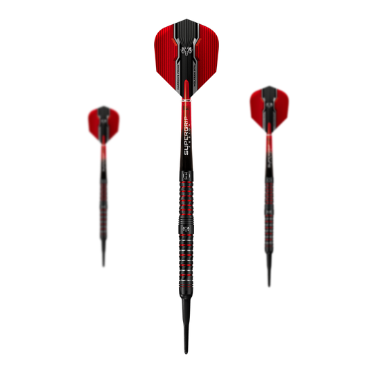 Harrows Wolfram Infinity 97% miękkie lotki wolframowe Das Bild zeigt drei Harrows Wolfram Infinity 97% Tungsten Softdarts. Die Darts haben ein auffälliges Design in Schwarz und Rot.