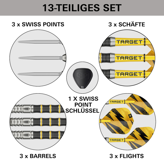 Stalowe lotki Target Buzz 02 Swiss Points Das Bild zeigt die Target Buzz 02 Swiss Points Steeldarts. Die Steeldarts werden aus einer anderen Perspektive vorgestellt.