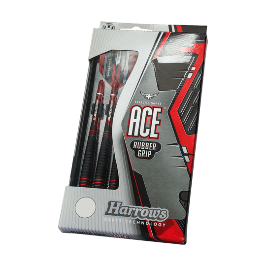 HA13746-Harrows-ACE-Rubber-Grip-Steeldarts-3-4-Plastikbox Das Bild zeigt eine Verpackung mit Harrows ACE Rubber Grip Steeldarts. Die Darts haben einen speziellen Gummigriff für besseren Halt.
