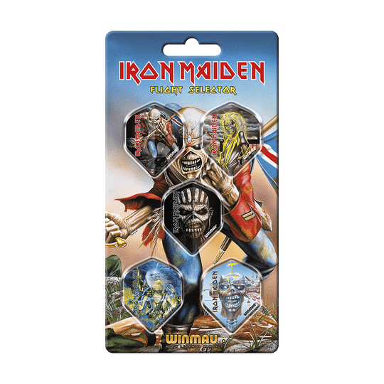 8136_Winmau_Iron_Maiden_Flight_Selector_1 Das Bild zeigt das Produkt "Winmau Iron Maiden Flight Selector" mit fünf verschiedenen Flight-Designs für Darts. Auf der Verpackung sind bunte Illustrationen und das Iron Maiden-Logo abgebildet.