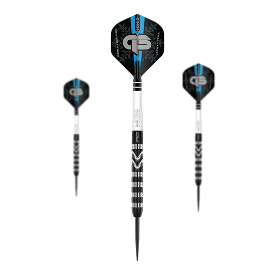 Das Bild zeigt drei Steeldarts des Produkts „Red Dragon Gerwyn Price World Champion 2021 Special Edition“. Die Darts haben ein schwarzes und silbernes Design mit weißen Elementen und dem Logo auf den Flights.
