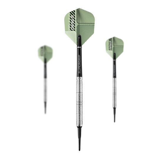 Harrows sterujące równoległe Softdarts Das Bild zeigt drei Harrows Control Parallel Softdarts mit grünen Flights und silbernen Griffen. Die Dartpfeile sind von vorne und von der Seite zu sehen.