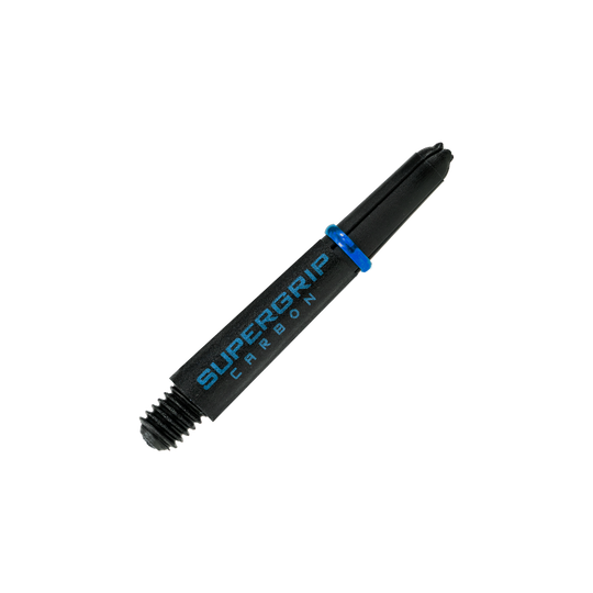 Das Bild zeigt einen Harrows Supergrip Carbon Shaft in der Farbe Aqua. Der Schaft ist überwiegend schwarz mit blauen Akzenten und der Aufschrift "SUPERGRIP CARBON".