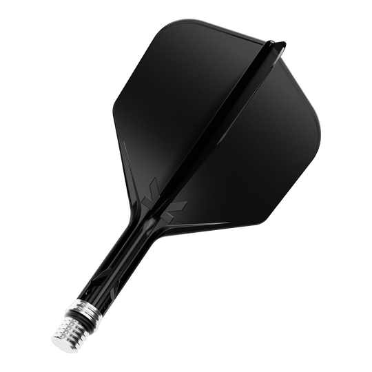 Gezeigt ist ein einzelner Dart Flight in Schwarz, Modell KShift No6, 19mm. Es ist ein Zubehörteil von Target.