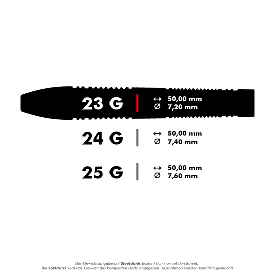 Stalowe lotki Target Scope 02 Swiss Point Das Bild zeigt drei verschiedene Steeldarts mit den Gewichten 23 g, 24 g und 25 g. Für jedes Gewicht sind die Länge von 50,00 mm und der jeweilige Durchmesser angegeben.