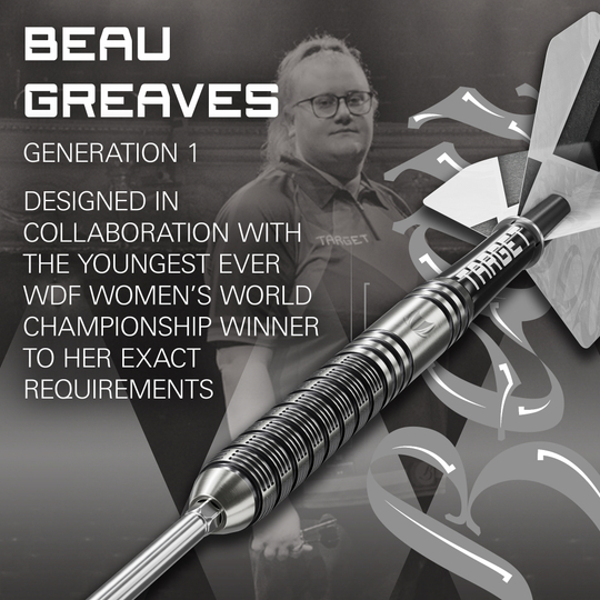 Dieses Foto zeigt die Target Beau Greaves GEN1 Swiss Point Steeldarts von der Seite. Die Details der Barrelstruktur sind klar erkennbar.