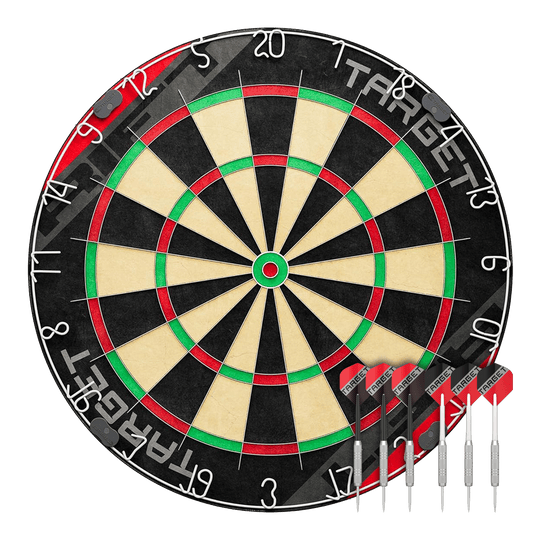 Hier sieht man das Target Rift Steeldartboard Set. Das Produkt bietet eine stabile Dartscheibe für präzises Spiel.