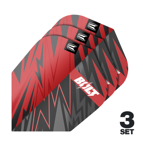 Das Bild zeigt drei Sätze von Target Pro Ultra Sebastian Bialecki No6 Flights für Darts. Die Flights sind in Rot, Schwarz und Grau mit einem Blitzmuster gestaltet.