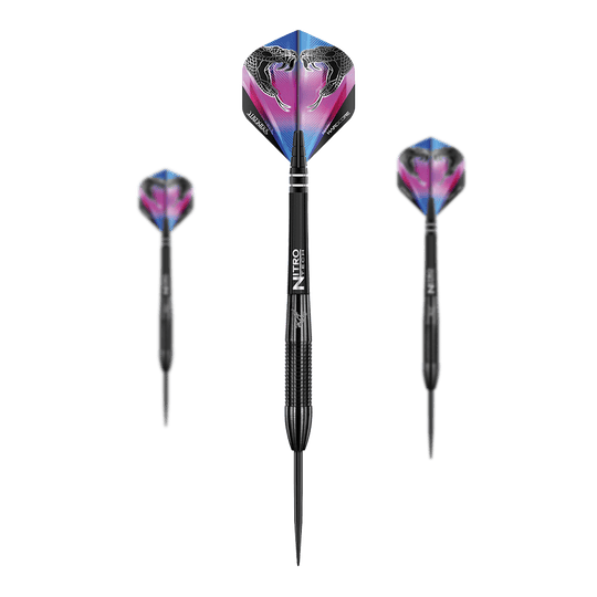 Red Dragon Peter Wright Snakebite 3 Czarne Steeldarts Auf dem Bild sind drei schwarze Steeldarts der Marke "Red Dragon Peter Wright Snakebite 3" zu sehen. Die Flights zeigen ein buntes Design mit zwei Schlangenköpfen.