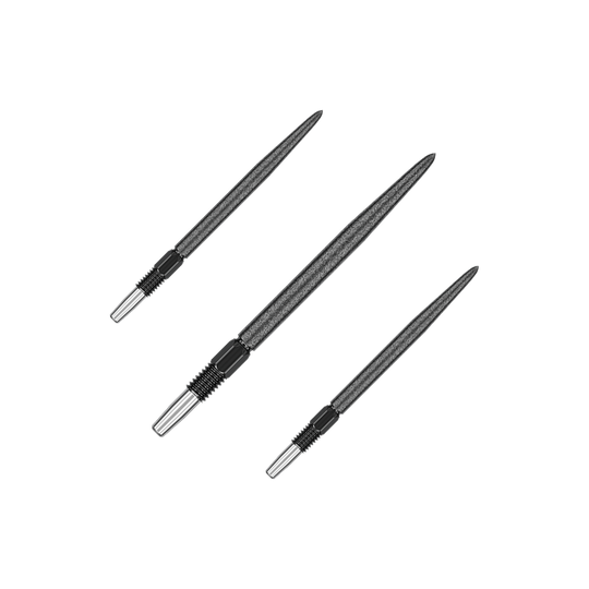 Końcówki do lotek Target Swiss Point SLK – czarne Das Bild zeigt drei schwarze Dartspitzen, die nebeneinander angeordnet sind. Die Spitzen sind schlank und haben eine gerillte Oberfläche am unteren Ende.