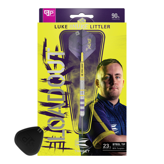 Stalowe rzutki Swiss Point firmy Target Luke Littler Loadout Auf dem Bild ist das Produkt "Target Luke Littler Loadout Swiss Point Steeldarts" zu sehen. Die Verpackung zeigt einen Dartpfeil sowie ein Porträt von Luke Littler vor einem gelben Hintergrund.