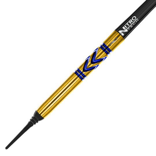 Das Bild zeigt einen Red Dragon Gerwyn Price Avalanche Gold Softdart mit einem Gewicht von 20g. Der Dart ist goldfarben mit blauen Akzenten und einer schwarzen Spitze.