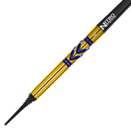 RD2546_Red_Dragon_Gerwyn_Price_Avalanche_Gold_Softdarts_2MCKbHU9y2PEgT Das Bild zeigt einen Red Dragon Gerwyn Price Avalanche Gold Softdart mit einem Gewicht von 20g. Der Dart ist goldfarben mit blauen Akzenten und einer schwarzen Spitze.