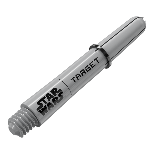 Dieses Bild scheint einen Target Star Wars Pro Grip Shaft in Grau, 34 mm zu präsentieren. Es handelt sich um eine weitere Perspektive der kurzen Variante.