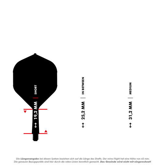 Das Bild zeigt drei verschiedene Längen von Dart-Shafts: Short (19,2 mm), In Between (25,2 mm) und Medium (31,2 mm). Die Maße sind jeweils mit Pfeilen und Beschriftungen dargestellt.
