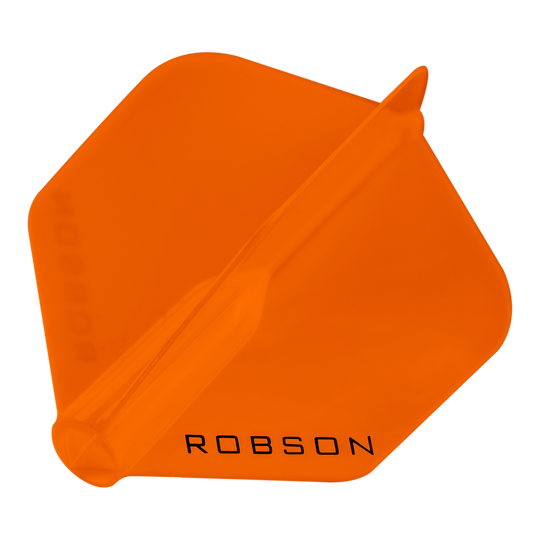 Loty Robson Plus — standardowe Das Bild zeigt ein orangefarbenes Dart-Flügel mit der Aufschrift "ROBSON". Er hat eine sechseckige Form und ist transparent.