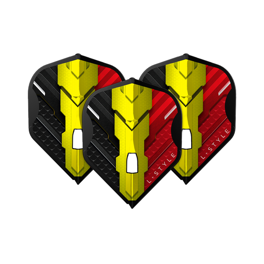 L-Style V-Series V1 Typ C Belgia Czarny L1PRO Loty Das Bild zeigt drei Dart Flights des Modells "L-Style V-Series V1 Type C Belgium Black L1PRO". Die Flights sind in den Farben Schwarz, Gelb und Rot gestaltet und tragen das Logo "L-STYLE".