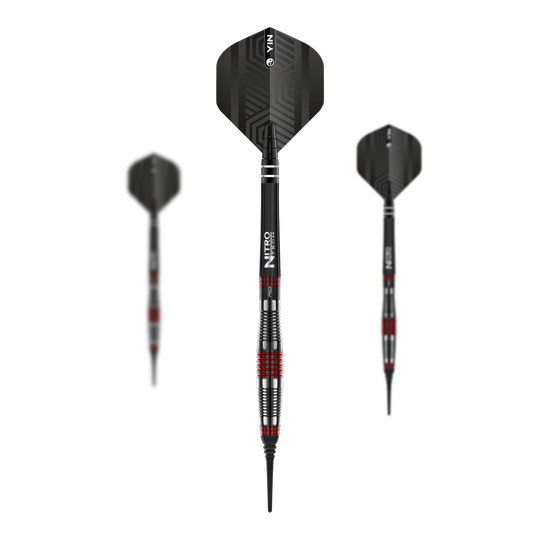 Miękkie lotki Red Dragon Marlin Venom - 22 g Das Bild zeigt drei Softdarts des Modells "Red Dragon Marlin Venom" mit einem Gewicht von 22g. Die Darts sind in Schwarz mit roten und silbernen Akzenten gestaltet.