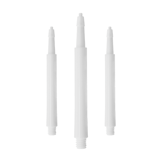 HRC12633W_Harrows_Clic_Standard_Shafts_Weiss_23mm_1 Das Bild zeigt drei weiße Harrows Clic Standard Shafts. Sie sind gerade angeordnet und haben ein einfaches, sauberes Design.