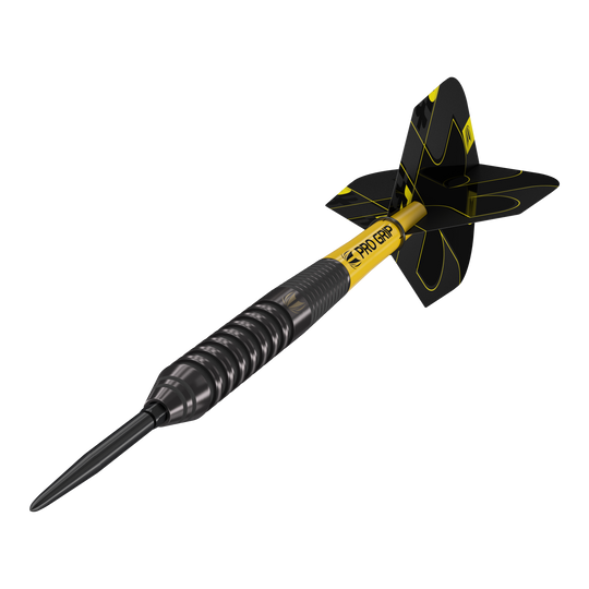 Stalowe lotki Target Bolide Void 02 Swiss Point Das Bild zeigt einen Target Bolide Void 02 Swiss Point Steeldart. Der Dart ist schwarz mit gelben Akzenten und hat ein modernes, gerilltes Design.