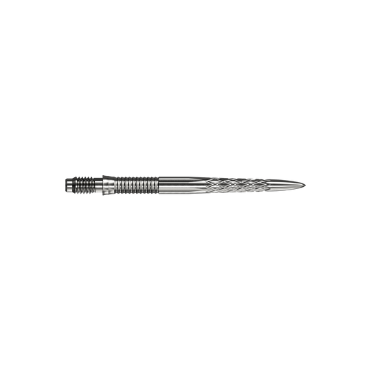 Końcówki do lotek Mission R2.5 Rapid Point DSX – srebrne Abgebildet sind silberne Dartspitzen Mission R25 Rapid Point DSX mit einer Länge von 30mm. Die Spitzen werden aus zwei verschiedenen Blickwinkeln präsentiert.
