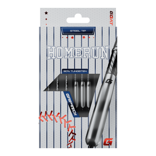 Lotki baseballowe GOAT Homerun ze stali wolframowej Das Bild zeigt die Verpackung der "GOAT Homerun Baseball Tungsten Steeldarts" mit Stahlspitze. Auf der Vorderseite sind drei Darts sowie baseballtypische Designelemente abgebildet.