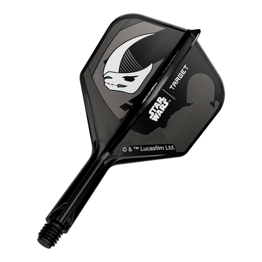 Zestaw Target Star Wars K-Flex Mandalorian No6 Flights Abgebildet ist ein Motiv mit Mandalorianer-Rüstung, inspiriert von Star Wars. Das Design ist auf einem No6 Flights 19 mm Dart-Flügel zu sehen.
