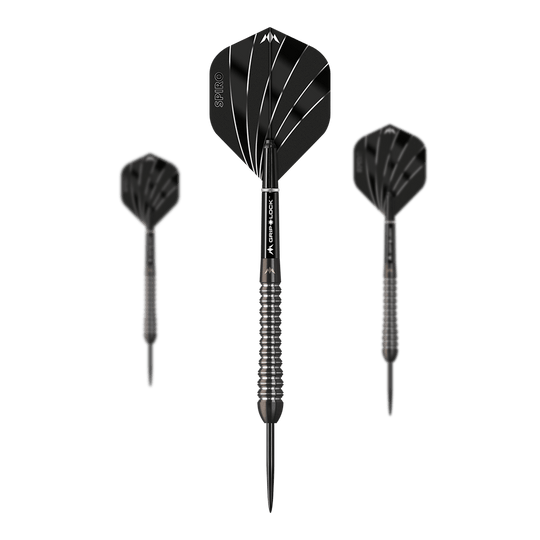 Das Bild zeigt drei Steeldarts des Modells "Mission Spiro Model 2" mit einem Gewicht von 22g. Die Darts sind schwarz mit silbernen Akzenten und haben auffällige Flights mit weißen Linien.