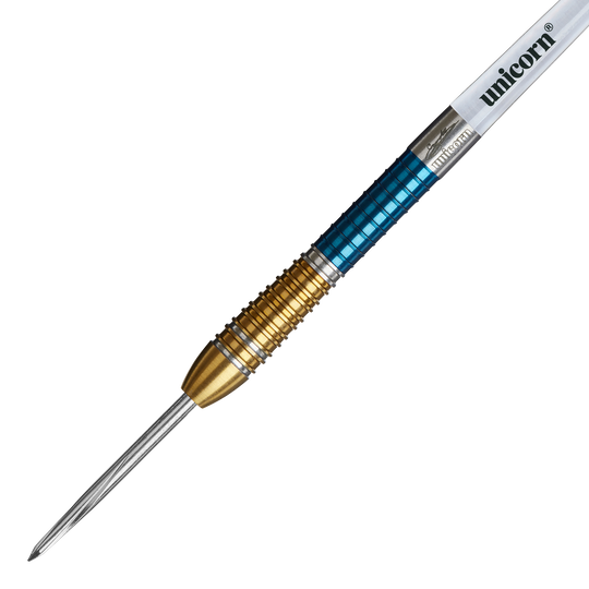 Dies ist ein Unicorn Gary Anderson Duo Phase 6 Steeldart. Der Dart hat einen goldenen und blauen Griffbereich sowie eine silberne Spitze.