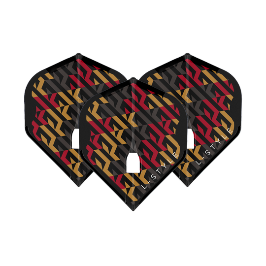 Das Bild zeigt drei schwarze Dart Flights mit einem auffälligen Muster in Gold, Rot und Grau. Auf den Flights steht unten der Schriftzug "L-Style".