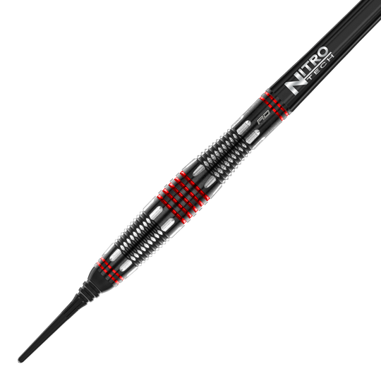 Miękkie lotki Red Dragon Marlin Venom - 22 g Das Bild zeigt den Red Dragon Marlin Venom Softdart mit einem Gewicht von 22 Gramm. Der Dart hat ein schwarzes und silbernes Design mit auffälligen roten Ringen und einer „Nitro Tech“-Beschriftung.