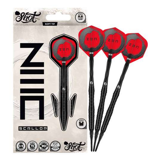 Shoty ZEN Scallop Soft Darts - 20g Das Bild präsentiert die Shot ZEN Scallop Softdarts - 20g in voller Ansicht. Diese Darts zeichnen sich durch ihre hochwertige Verarbeitung aus.
