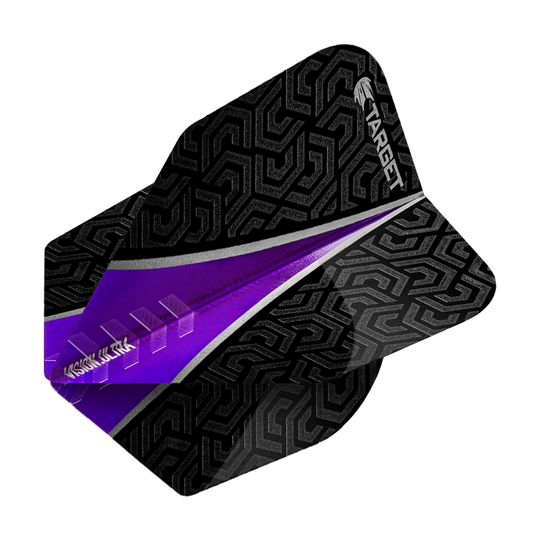 Das Bild zeigt ein Dartflügel-Set namens "Target Vision Ultra Purple No6 Flights". Die Flügel sind überwiegend schwarz mit einem geometrischen Muster und besitzen einen auffälligen lila Streifen.