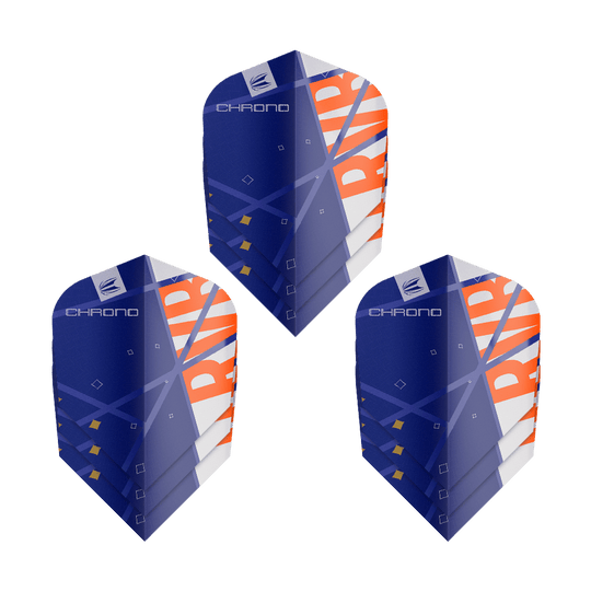Target Pro Ultra Raymond Van Barneveld Chrono Ten-X Standard Flights - 3 zestawy Das Bild zeigt drei Sätze Target Pro Ultra Raymond Van Barneveld Chrono Ten-X Standard Flights. Die Flights sind überwiegend blau mit weißen und orangefarbenen Akzenten gestaltet.