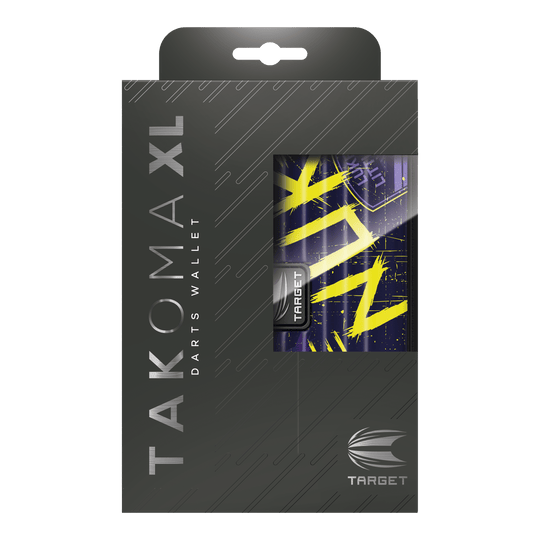 Etui na lotki Target Takoma Luke Littler XL Das Bild zeigt die Verpackung des Target Takoma XL Dartcases, das speziell für Luke Littler designt wurde. Die Verpackung ist überwiegend schwarz mit gelben und violetten Akzenten auf dem Dartcase selbst.