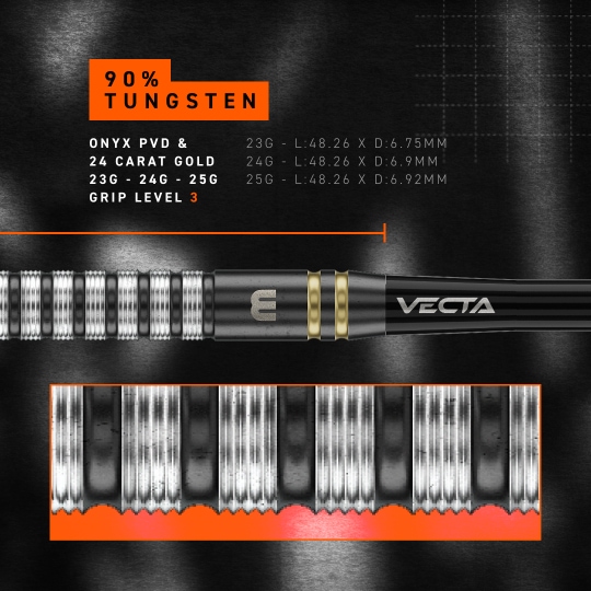 Stalowe rzutki Winmau Gian Van Veen TS Switch Point Das Produkt ist Winmau Gian Van Veen TS Switch Point Steeldarts. Die Abbildung zeigt die schlanken Darts aus der Nähe.