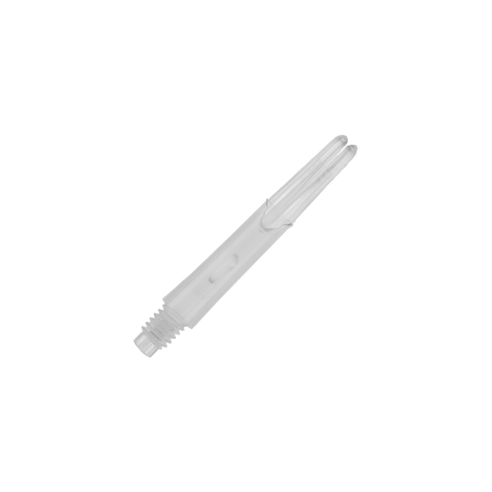 Auf dem Bild ist ein transparenter, gerader Dart-Schaft zu sehen. Er hat ein Schraubgewinde an einem Ende und ist 32 mm lang.