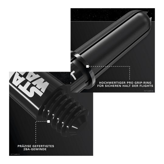 Target Star Wars ProGrip Shafts in Schwarz sind auf dem Bild zu sehen. Diese Schäfte richten sich an Dart- und Star Wars Liebhaber.