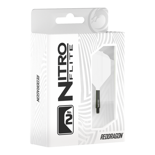 Abgebildet ist Red Dragon Nitroflite Black Shaft White Flights No2. Zu sehen sind schwarze Dart-Schäfte mit weißen Flights.