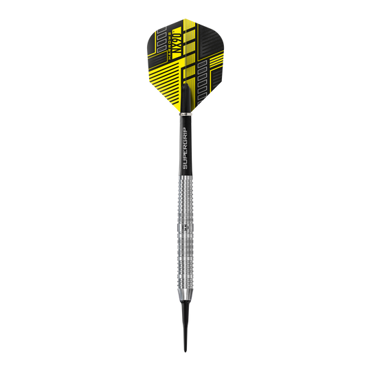 Harrows NX90 Parallel Softdart Das Bild zeigt einen Harrows NX90 Parallel Softdart mit silbernem Schaft und schwarzem Flight. Der Flight hat ein modernes gelb-schwarzes Design.