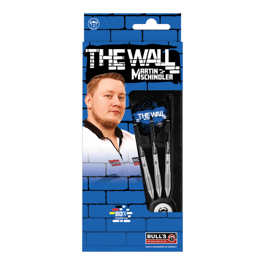 Stalowe lotki Bulls Martin Schindler TW80 Die Verpackung zeigt die "Bulls Martin Schindler TW80 Steeldarts" mit einem Bild von Martin Schindler. Im Inneren sind drei silberne Steeldarts zu sehen.