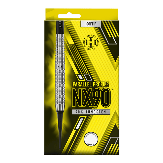 Harrows NX90 Parallel Softdart Die Abbildung zeigt die Verpackung der Harrows NX90 Parallel Softdarts. Auf der gelb-schwarzen Packung steht, dass die Darts aus 90 % Tungsten bestehen.